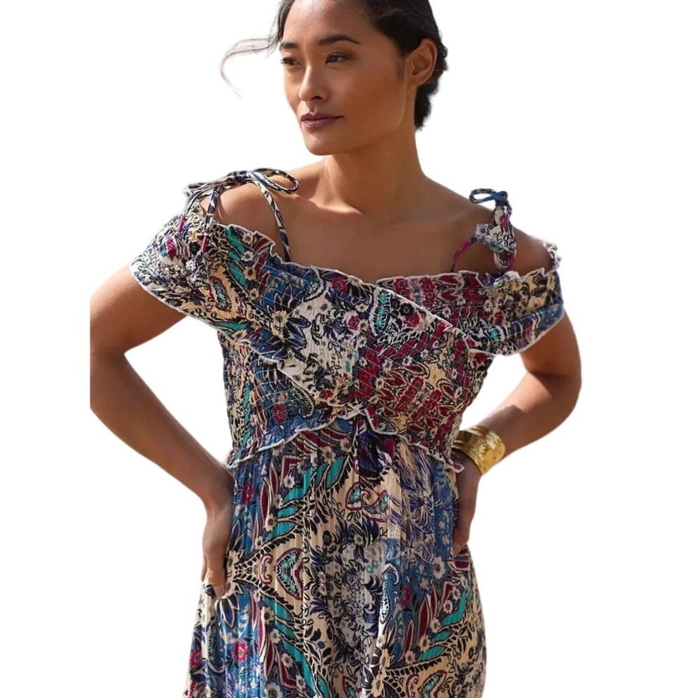 Anthropologie Smocked Gauze Criss Cross Off Shoulder Maxi Dress‎ XS